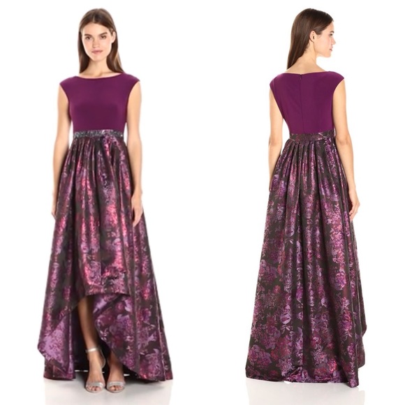 Adrianna Papell Mulberry Cap Sleeve Gown Jersey Top Metallic Printed High Low - Picture 2 of 11